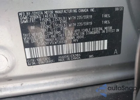 2020 Toyota Rav4 Xle Premium из США, поврежденный, VIN 2T3A1RFV5LW136939